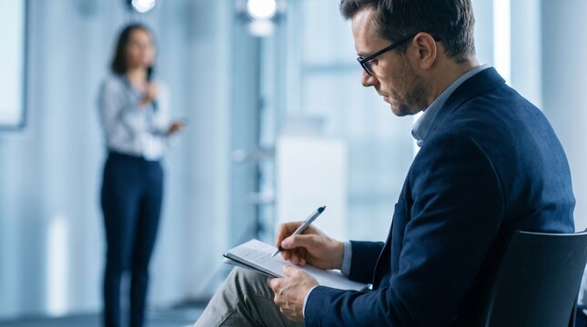 Seminar attendee taking notes while listening to speaker during professional business presentation indoors
