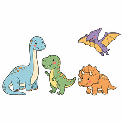 Set of four adorable cartoon dinosaurs, including a blue long-neck, a green T-Rex, an orange Triceratops, and a flying purple Pterodactyl, on a clean white background. © Dumirah