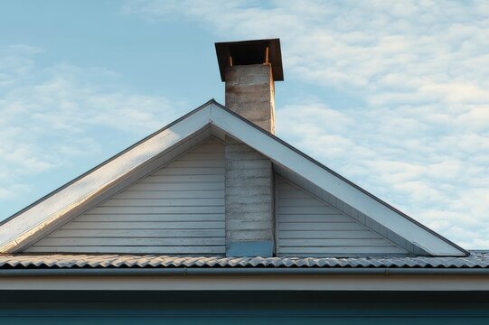 sunlit house gable with central chimney, corrugated roof edge and blue sky conveying calm peaceful morning