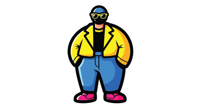 Cartoon man wearing yellow jacket.