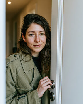 Young woman in a coat peeks through a slightly open door, smiling softly in an indoor setting with warm lighting.