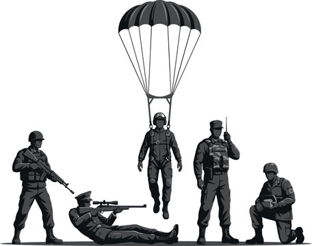Military paratrooper descending with a parachute surrounded by soldiers in combat gear, including a sniper and radio operator, black silhouette