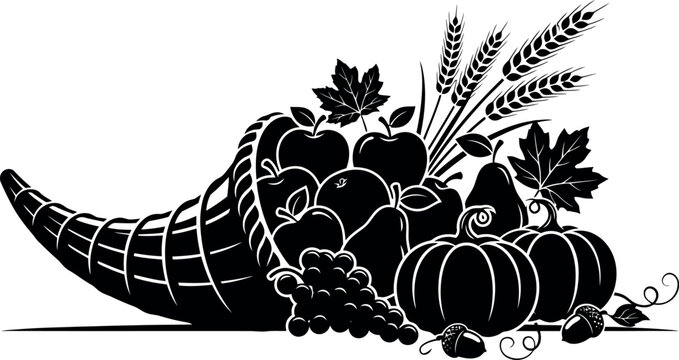 Black and white cornucopia filled with autumn harvest fruits, vegetables, wheat, and leaves, isolated on a white background