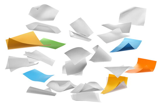Pile blank colorful paper flying, sheet falls and twists isolated on white, clipping path