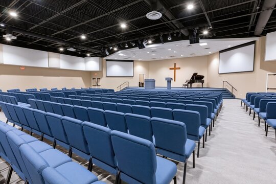 The Church Sanctuary Featuring Blue Pews, Cross, Piano, and Stage Lighting