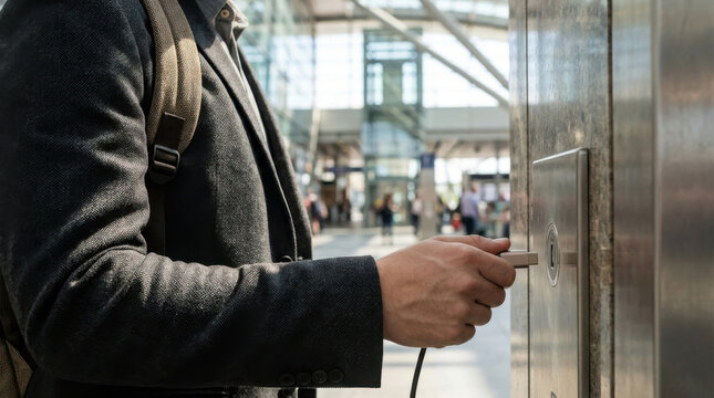 Charging plug standardization concept in public building with hand connecting cable to wall port, close view of torso