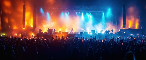 Obraz premium large live music concert with silhouetted band and cheering crowd under dramatic blue and orange stage lights, energetic electric atmosphere