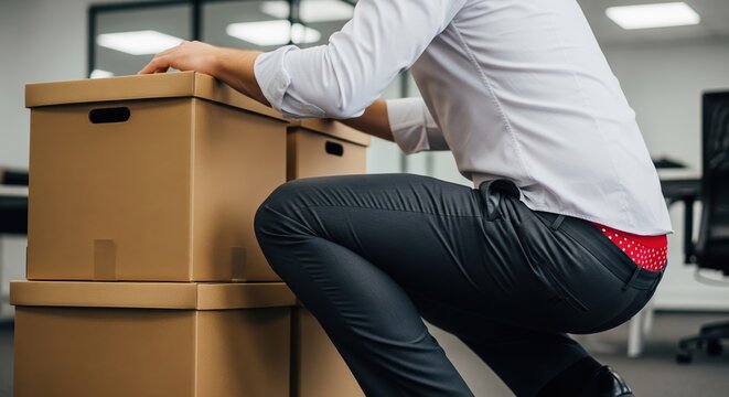 Professional Man In Suit With Red Polka Dot Underwear Kneeling Beside Cardboard Moving Boxes Office