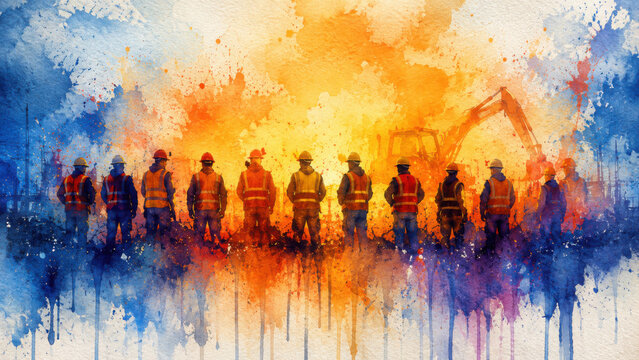 Abstract silhouette of construction workers on colorful watercolor background. May Day, Labor Day