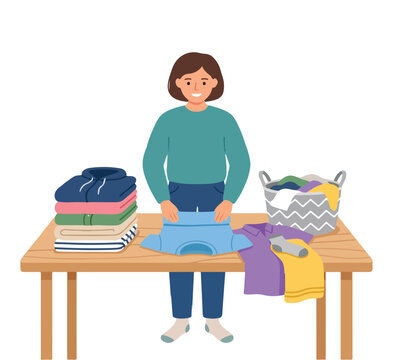 Simple flat illustration of folding some clean clothes into a neat stacks on the table, modern vector style, no outline, white background.
