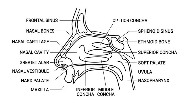 Human Nasal Cavity Anatomy Diagram: Sinuses, Bones, and Concha