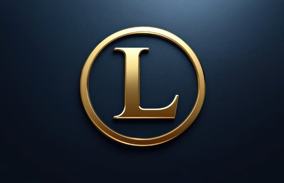 gold metallic letter l monogram inside a circular gold frame on a dark textured blue background expressing luxury and elegance
