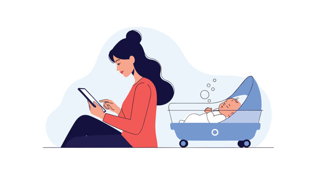 Young woman sitting on the floor using a tablet while her baby sleeps soundly in a cradle rocker next to her at home.