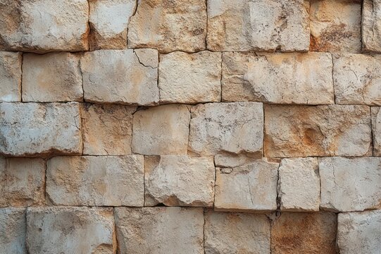 weathered stacked stone block wall with rough textured beige surface and aged rustic character