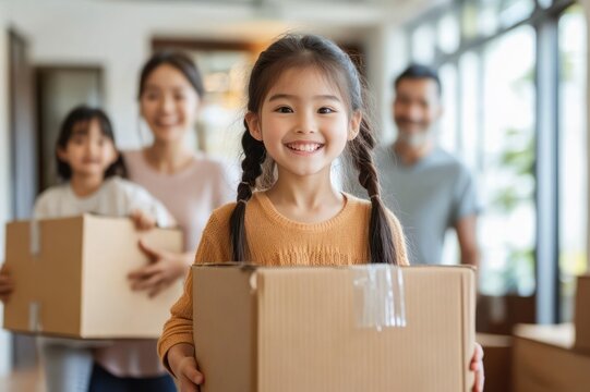 Family of four carrying cardboard boxes through a bright living room with large windows, moving into a new home with hopeful, determined expressions