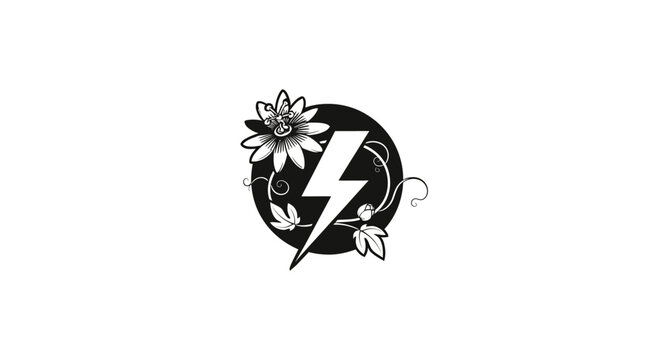 Lightning bolt and flower emblem in circular design.