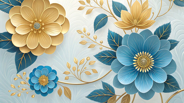 Elegant blue and gold floral 3D art background with wallpaper