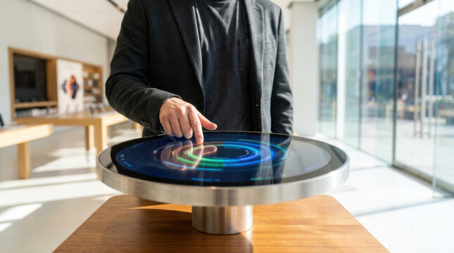Interactive touch screen table modern office interior standing person digital interface futuristic display hand gesture technology concept clean