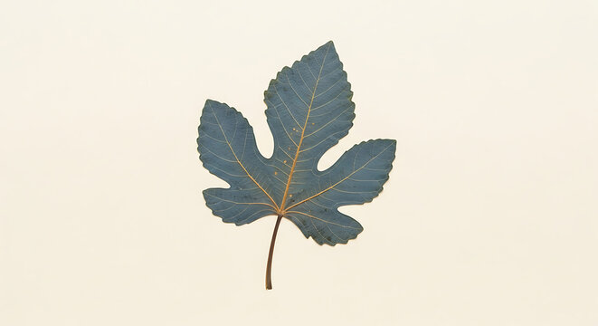 Single dried fig leaf with visible veins isolated on a light beige background, down view