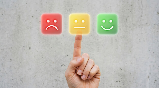 Hand pointing at red, yellow, and green emoticon