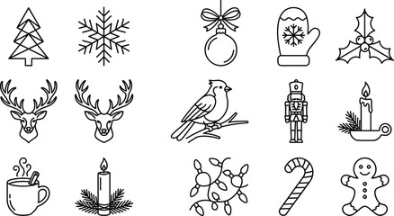 Christmas Holiday Outline Icon Collection with Festive Winter Symbols, Seasonal Decorations, Cozy Elements, and Celebration Vector Set for Greeting Cards and Designs © MstSuborna