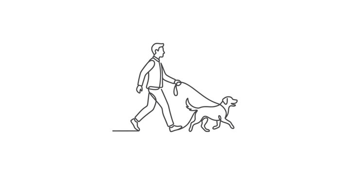 Continuous line drawing of a man walking his dog on a leash.