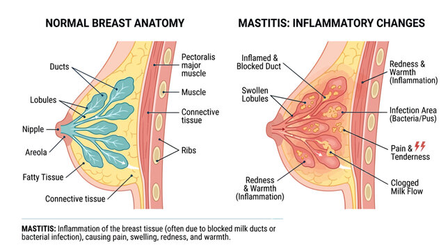Normal Breast Anatomy vs. Mastitis Inflammatory Changes Diagram