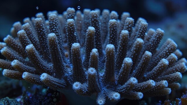 Close up of branching coral reef polyp structure underwater in deep blue ocean with small air bubbles, macro photography of marine life, aquatic organism, ocean biology concept