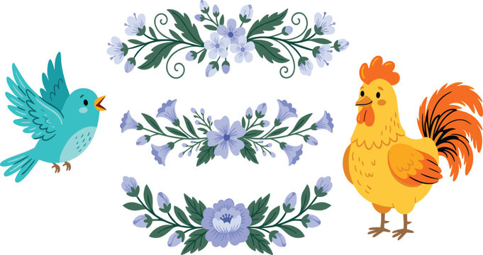 Cute country farm animals vector elements set with yellow rooster blue flying bird and purple floral borders
