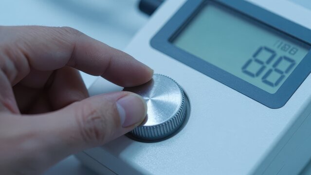 Close up of Hand Adjusting Control Knob on Digital Laboratory Equipment Device with LCD Display in Scientific Research Lab Setting with Blue Toned Lighting and Copy Space