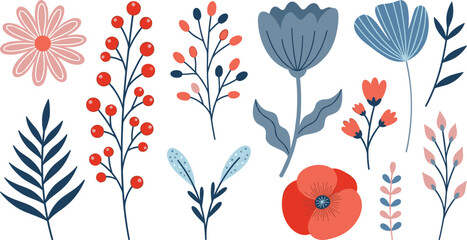 Scandinavian style folk floral vector elements set with abstract blue flowers and red berries isolated on white background © Mijanur