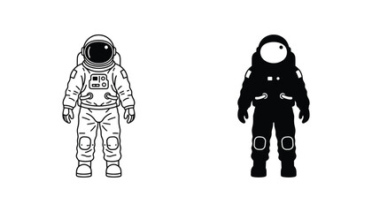 Astronaut in full space suit standing position vector illustration set with outline and solid black silhouette for space exploration and science themes © Sakibul Hasan