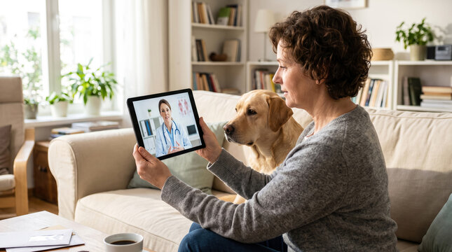 Caring senior woman using a tablet for a remote veterinary consultation with her beloved labrador dog by her side, seeking professional advice from a female vet via video call at home.