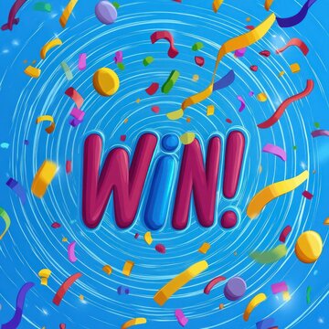 bold colorful 3d win text with exclamation mark surrounded by swirling blue spiral, colorful confetti, streamers and gold discs conveying joyful celebratory victory