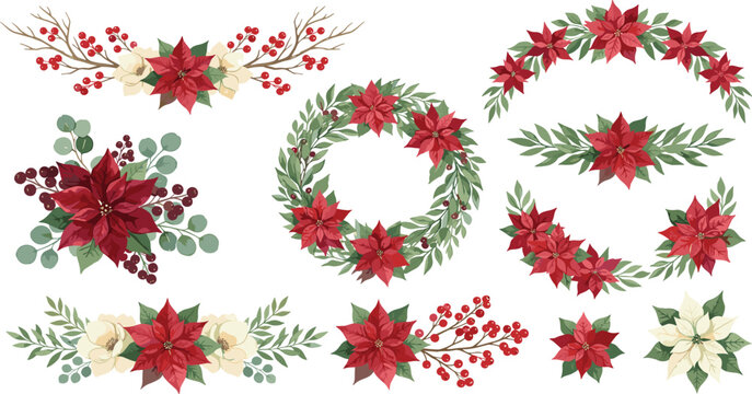 Christmas watercolor poinsettia wreath and floral borders vector elements set with red winter berries isolated on white background