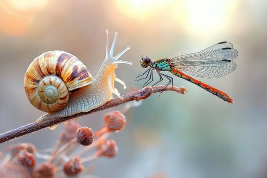 curious snail and colorful damselfly meeting on a frosty twig at sunrise, a delicate peaceful macro encounter