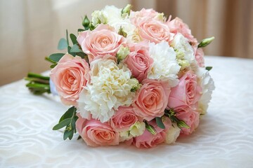 Obraz premium soft romantic bouquet of pale pink roses and white carnations with green foliage on patterned white fabric, elegant and tender
