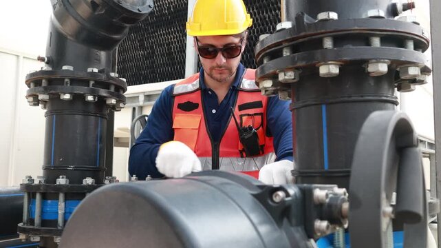 Water cooling system technicians inspect water piping connections and cooling tower (Evap) circulation systems using modern technology efficiency and check for leaks with a combination wrench.