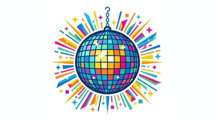 Fototapeta premium Disco Ball with Colorful Rays and Stars on White Background, Party Celebration