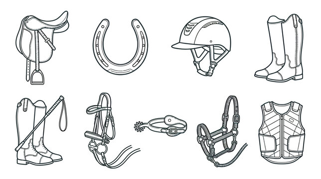 Equestrian Equipment Collection: Saddle, Boots, Helmet, Horseshoe, Bridle, Spur, Halter, Vest
