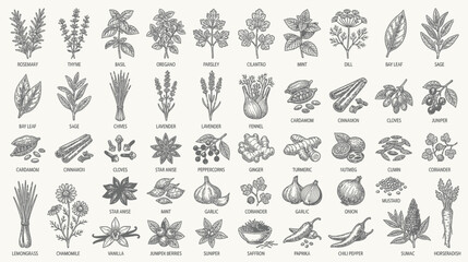 Obraz premium Vintage Botanical Illustrations of Herbs and Spices Collection