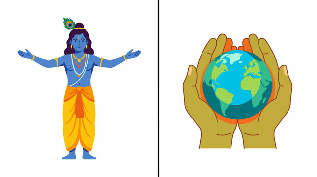 Spiritual deity and hands holding earth globe flat vector illustration