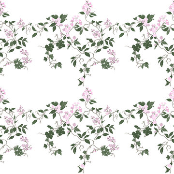 seamless botanical pattern featuring climbing green rose vines with soft pink blossoms on a light neutral background. Suitable for luxury wallpaper, fabric, home d&eacute;cor, wedding stationery, gift wrap