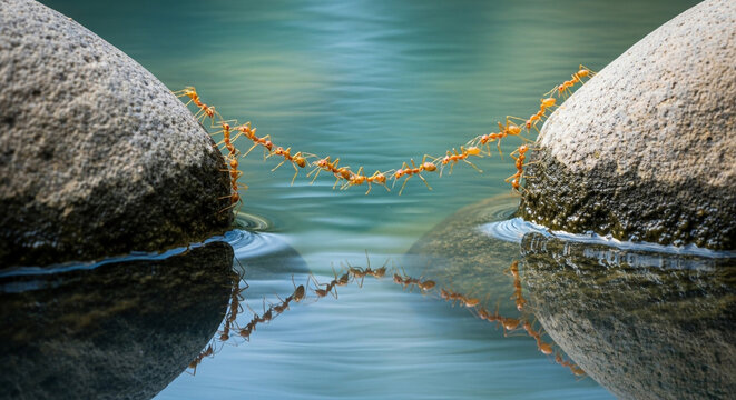 Small orange ants form a continuous living bridge between two large stones over the calm rippling blue water
