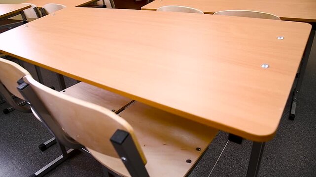 School desks in a row facing the blackboard in an empty classroom