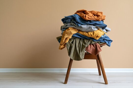 The chair stacked with colorful clothes against a warm beige wall
