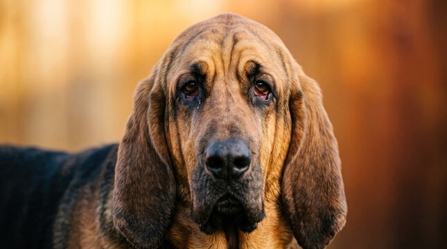 Portrait of a majestic Bloodhound dog with droopy eyes and sad expression on a warm background