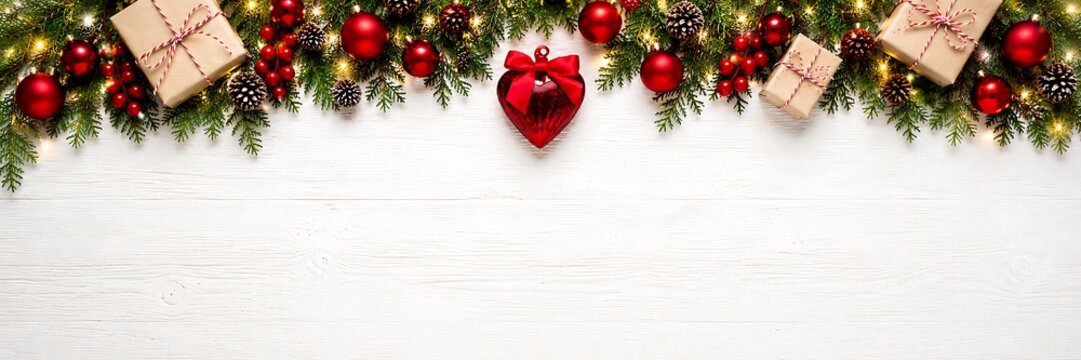 A festive Christmas garland adorned with red ornaments, pine cones, lights, and gift boxes, set against a white wooden background