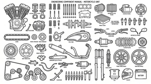 Hand Drawn Motorcycle Parts Doodle Collection