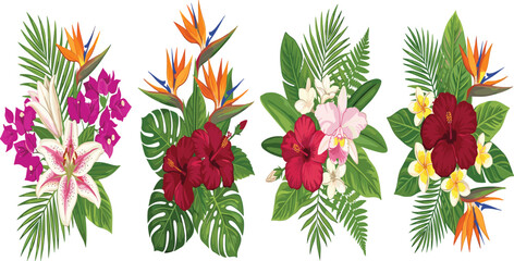 Tropical floral bouquet vector set featuring hibiscus orchid plumeria lily bird of paradise and palm leaves isolated on white © Mijanur